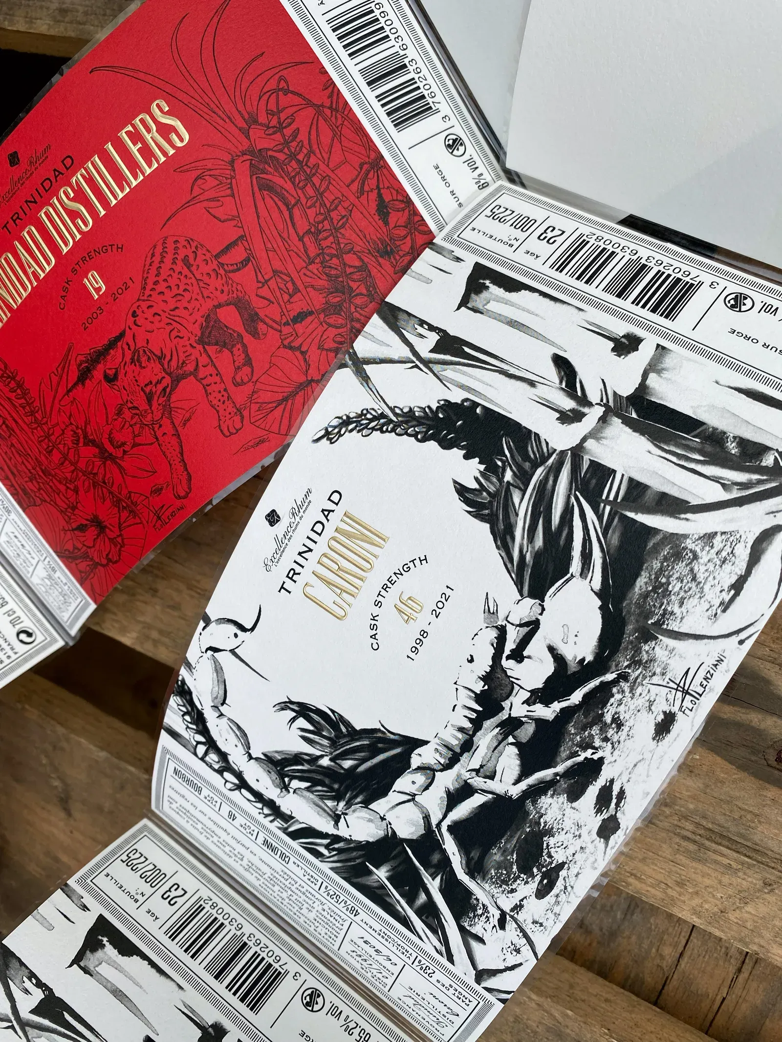Close-up of Caroni bottling labels from Trinidad
